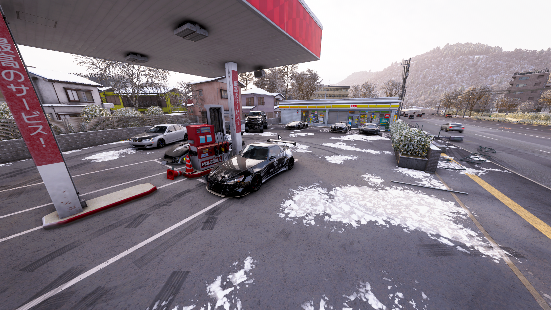 The Saint cars at an in-game gas station in Forza Horizon 6